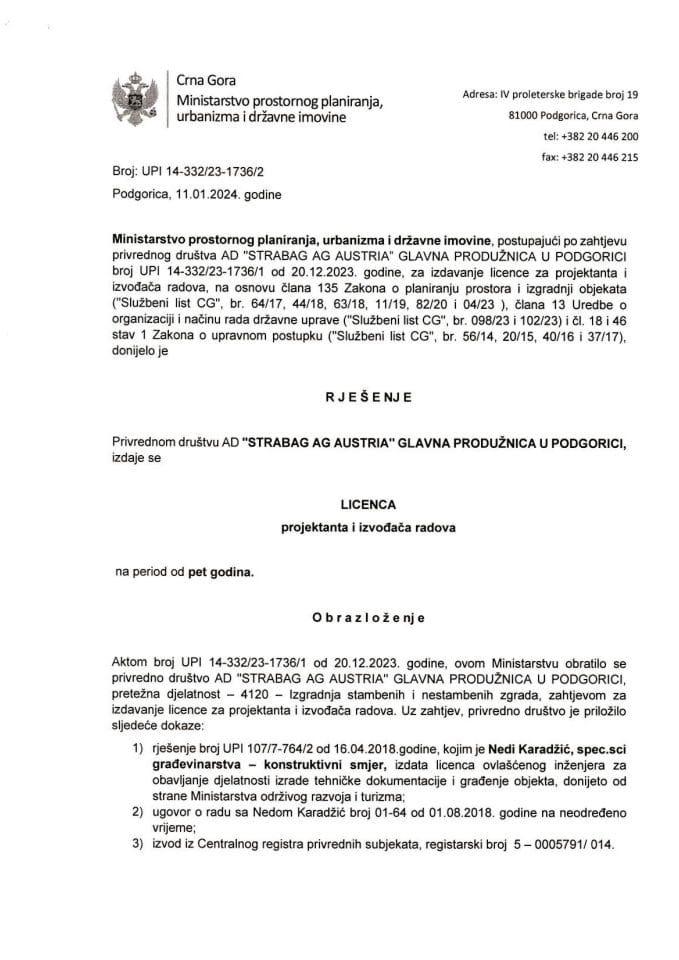 Licence projektanata i izvođača radova - UPI 14-332-23-1736-2 AD STRABAG AG AUSTRIA