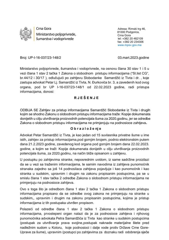 Rješenje odbijeno adv. Petar Samardžić 28.02.2023 UP I-16-037-23-148-2