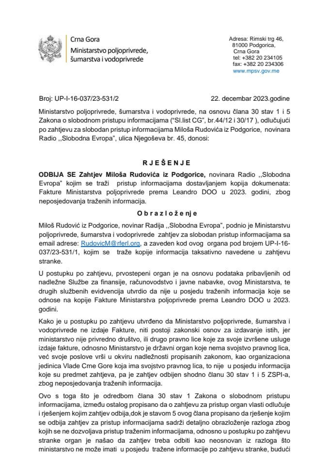 rjesenje-odbijen-zahtjev Miloš Rudovic-up-i-16-037-22-531-2