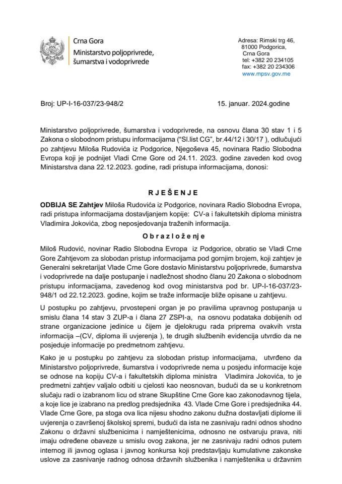 rjesenje-odbijen-zahtjev-Miloš Rudović-up-i-16-037-23- 948-2