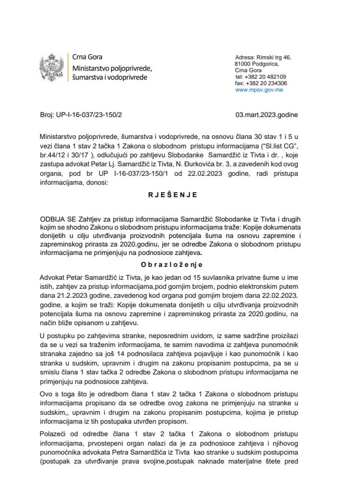 Rješenje odbijeno adv. Petar Samardžić 28.02.2023 UP I-16-037-23-150-2