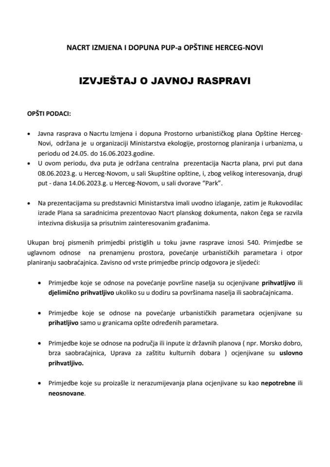 Izvještaj o JR na Nacrt IID PUP Opštine Herceg Novi