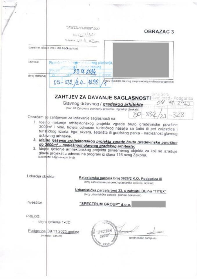 Zahtjevi investitora za davanje saglasnosti glavnog državnog arhitekte - 29.01.2024 Zahtjev -SPECTRUM GROUP DOO, Zeta -Glavni grad Podgorica