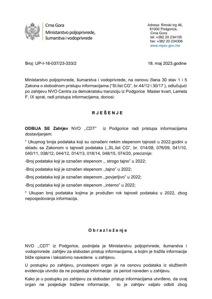 уп-и-18--рјесење-одбијен-захтјев-Центар за демократску транзицију-уп-и-16-037-23-333-2