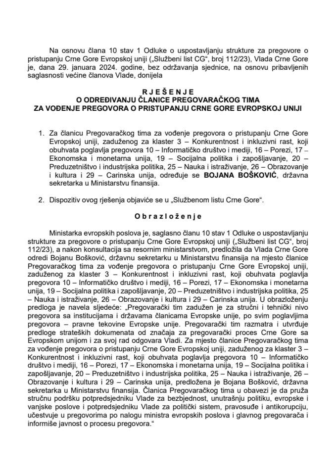 Predlog za određivanje člana Pregovaračkog tima za vođenje pregovora o pristupanju Crne Gore Evropskoj uniji, zaduženog za klaster 3 – Konkurentnost i inkluzivni rast