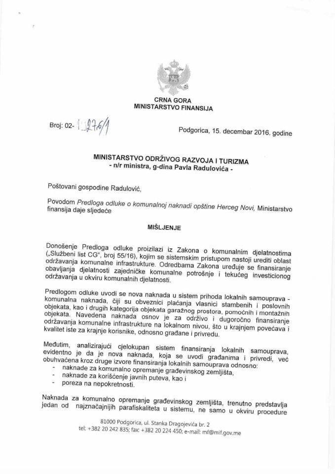 Мишљење Предлог одлуке о комуналној накнади општине Херцег Нови