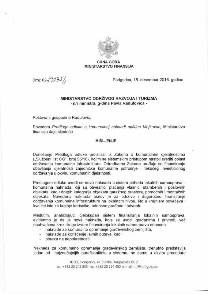 Мишљење Предлог одлуке о комуналној накнади општине Мојковац