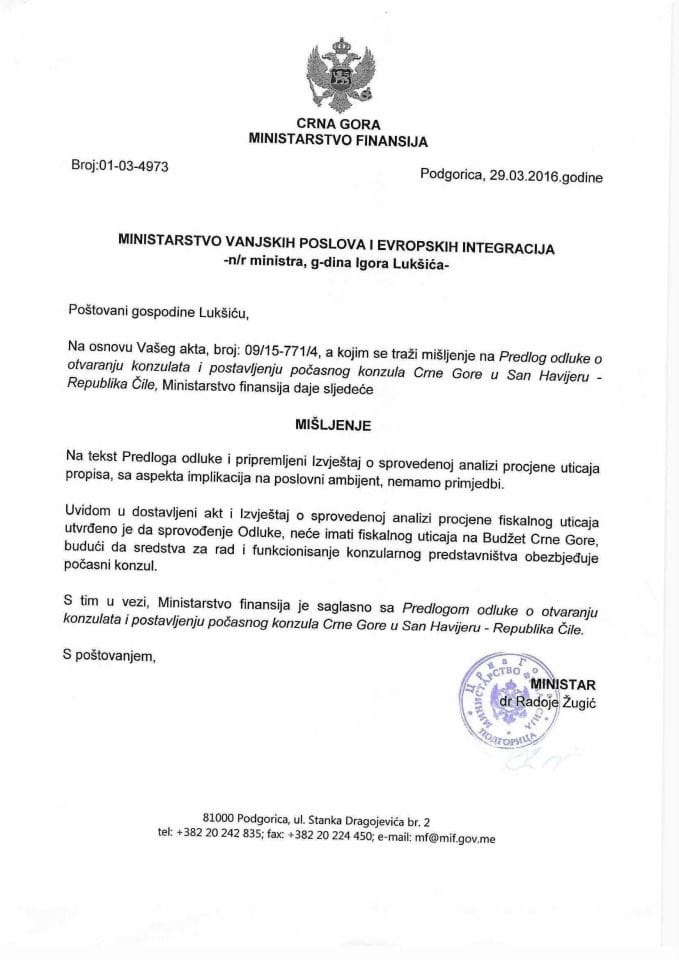 Predlog odluke o otvaranju konzulata i postavljenju počasnog konzula CG u San Havijeru Čile