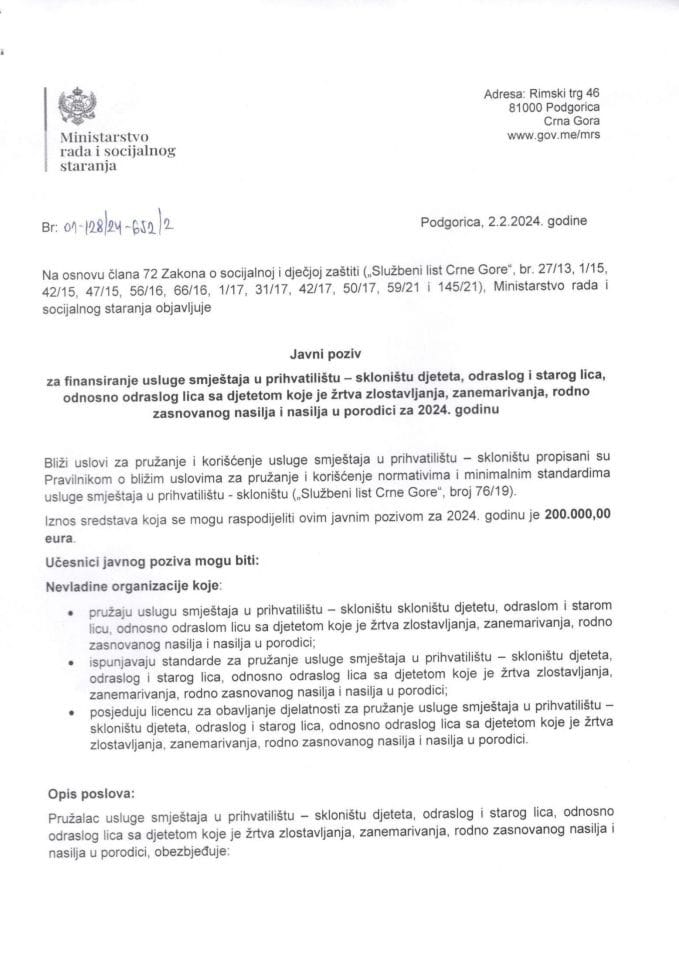 Javni poziv za finansiranje usluge smještaja