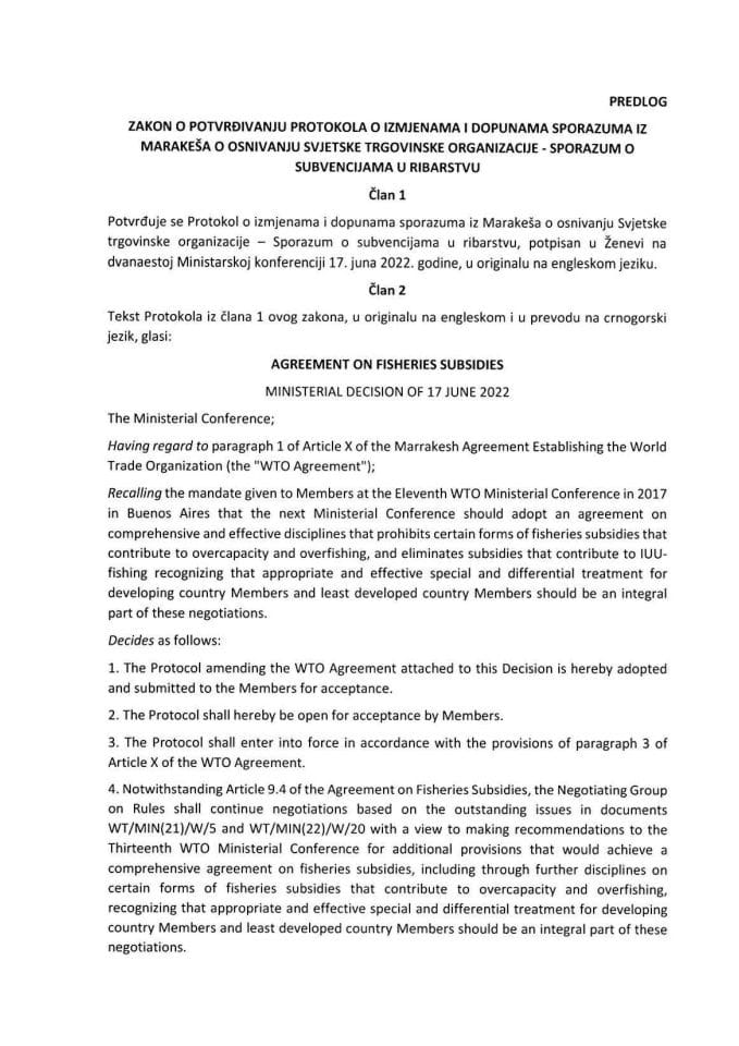 Predlog zakona o potvrđivanju Protokola o izmjenama i dopunama Sporazuma iz Marakeša o osnivanju Svjetske trgovinske organizacije - Sporazum o subvencijama u ribarstvu