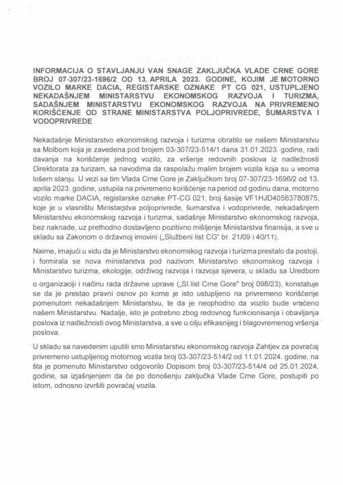Информација о стављању ван снаге Закључка Владе Црне Горе, број: 07-307/23-1696/2, од 13. априла 2023. године