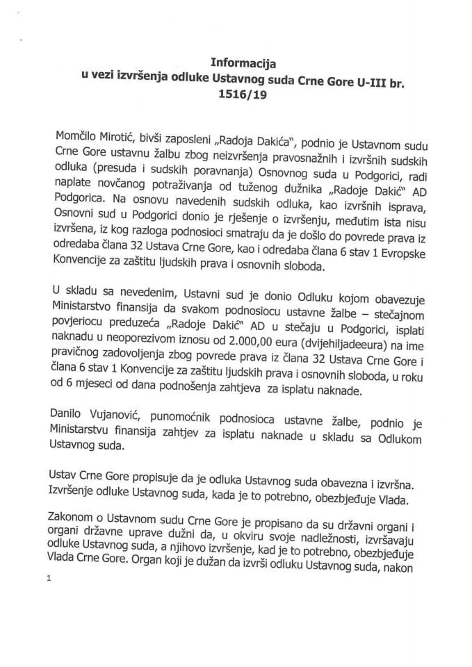 Informacija u vezi izvršenja odluke Ustavnog suda Crne Gore U-III br. 1516/19