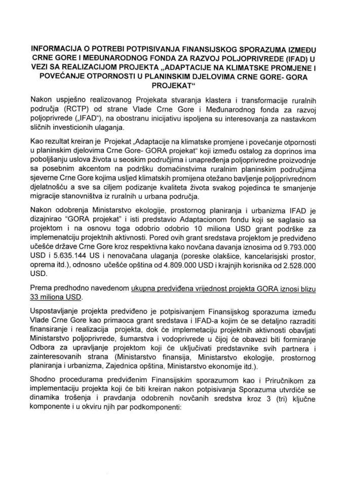 Informacija o potrebi potpisivanja Finansijskog sporazuma između Crne Gore i Međunarodnog fonda za razvoj poljoprivrede