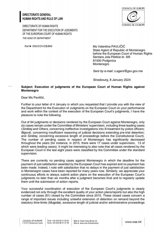 Letter of Ms. Clare Ovey, Head of the Department for the execution of judgments of the European Court of Human Rights sent to Government Agent Ms. Valentina Pavličić