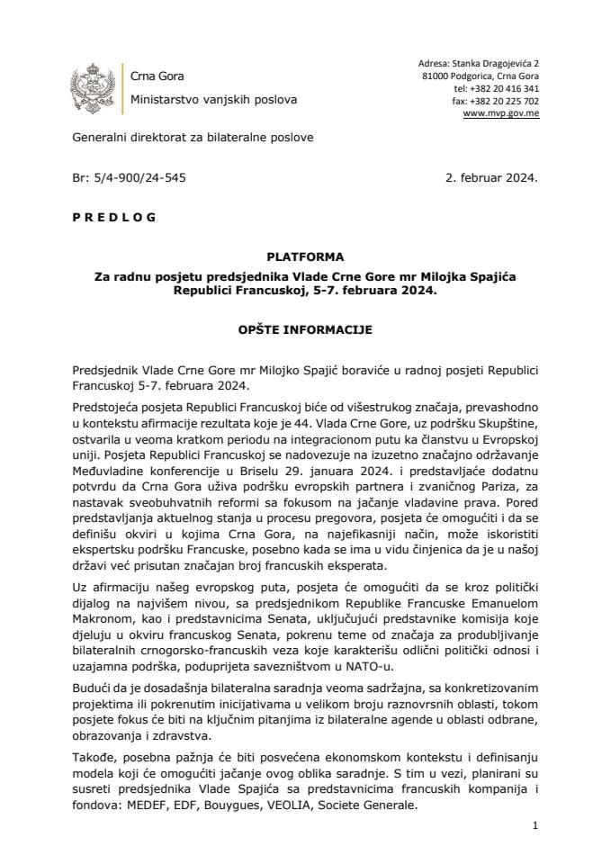 Platforma za radnu posjetu predsjednika Vlade Crne Gore mr Milojka Spajića Republici Francuskoj, 5-7. februara 2024.
