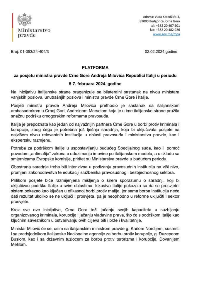 Platforma za posjetu ministra pravde Crne Gore Andreja Milovića Republici Italiji, 5-7. februara 2024. godine