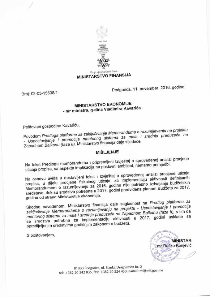 Predlog platforme za zaključivanje Memoranduma o razumijevanju na projektu