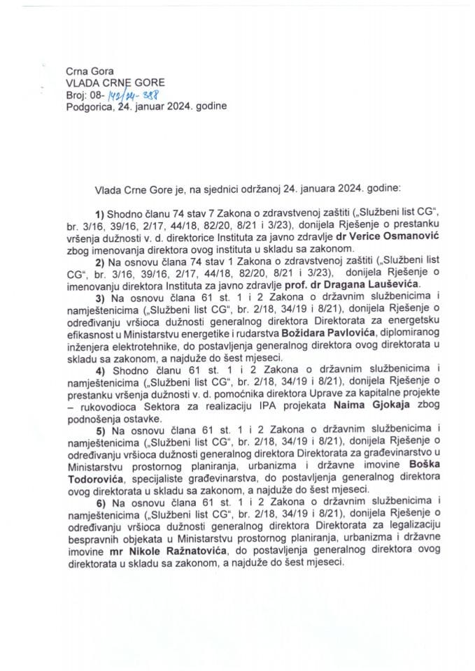 Kadrovska pitanja sa 13. sjednice Vlade Crne Gore - zaključci