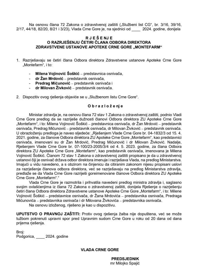 Predlog za razrješenje četiri člana Odbora direktora ZU Apoteke Crne Gore “Montefarm”