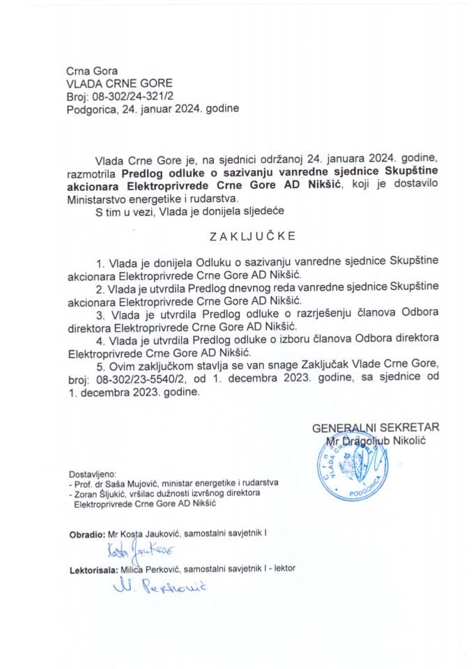 Predlog odluke o sazivanju vanredne sjednice Skupštine akcionara Elektroprivrede Crne Gore AD Nikšić - zaključci