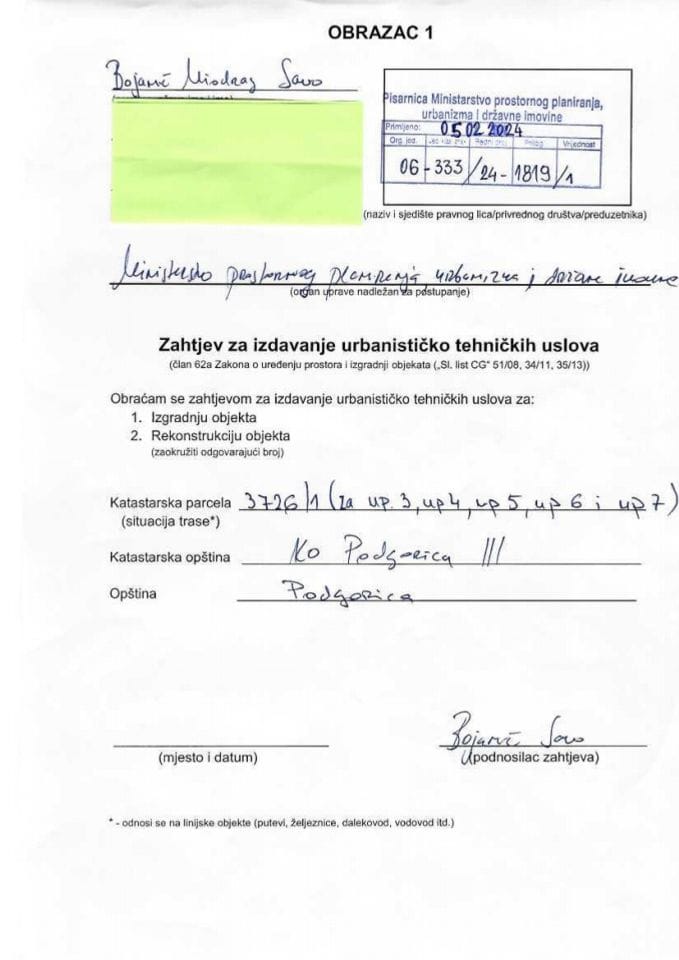 Zahtjevi za izdavanje urbanističko tehničkih uslova - 06_333_24_1819_1 Bojanić Savo