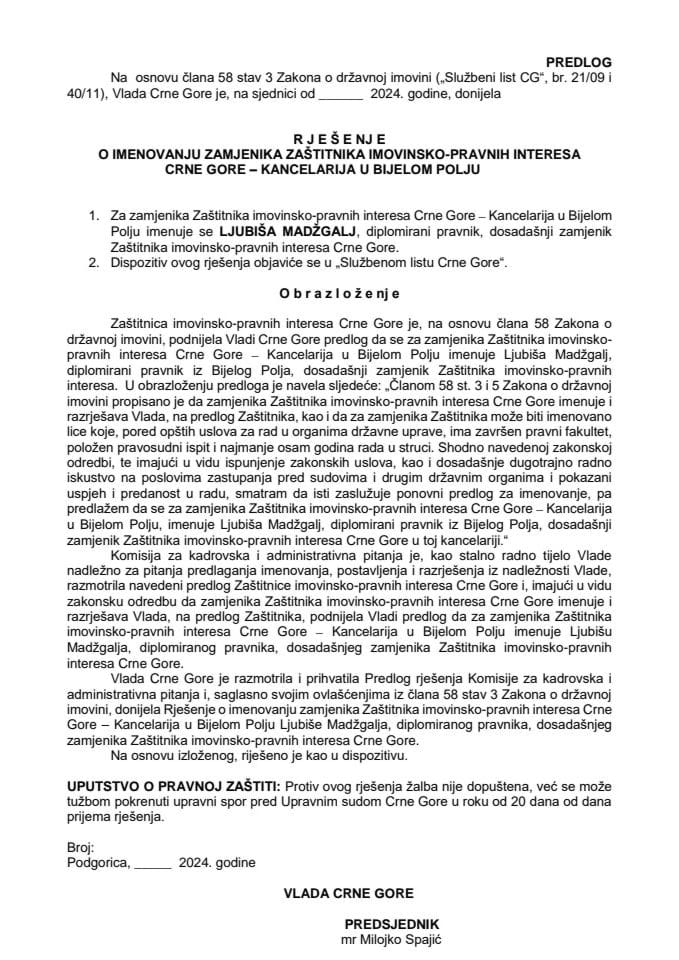 Predlog za imenovanje zamjenika Zaštitnika imovinsko-pravnih interesa Crne Gore - Kancelarija u Bijelom Polju