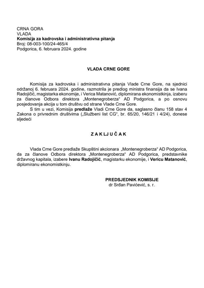 Предлог за избор чланова Одбора директора „Монтенегроберза“ АД Подгорица