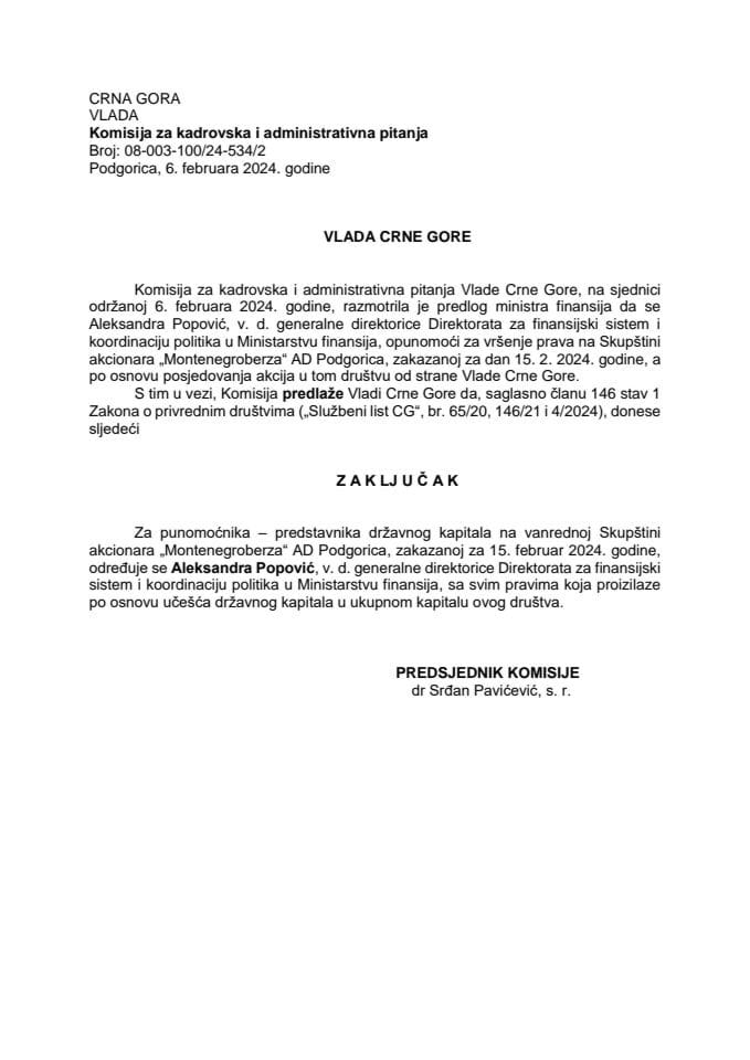 Predlog za određivanje punomoćnika-predstavnika državnog kapitala na Skupštini akcionara „Montenegroberza“ AD Podgorica