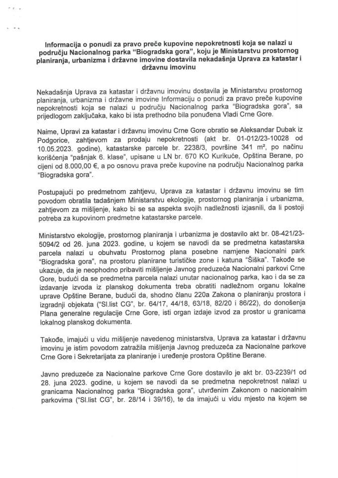 Информација о понуди за право прече куповине непокретности која се налази у подручју Националног парка „Биоградска гора“ (без расправе)