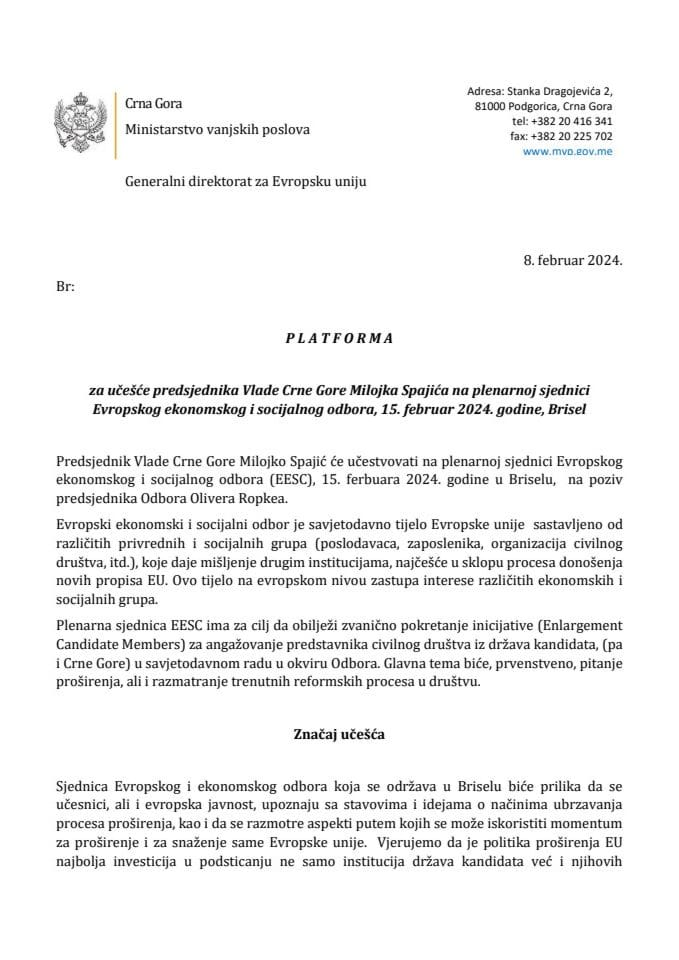 Predlog Platforme Za Učešće Predsjednika Vlade Crne Gore Milojka ...