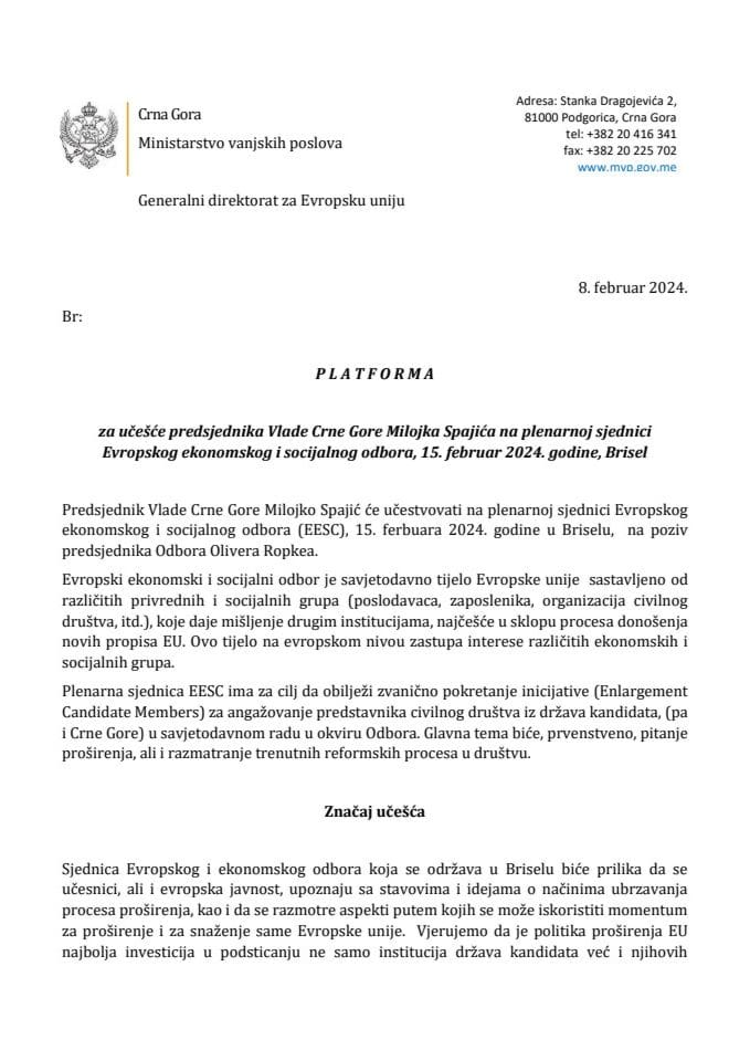 Predlog platforme za učešće predsjednika Vlade Crne Gore Milojka Spajića na plenarnoj sjednici Evropskog ekonomskog i socijalnog odbora, 15. februar 2024. godine, Brisel