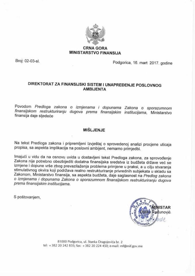 Mišljenje predlog zakona o iz i dop Zakona o sporazumnom fin restruktuiranju