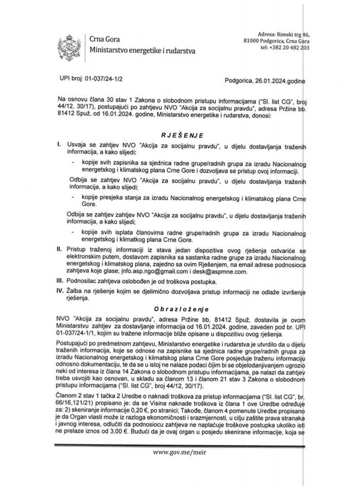 Rješenje UPI 01-037/24-1/2 o djelimičnom usvajanju zahtjeva za slobodan pristup informacijama po zahtjevu NVO "Akcija za socijalnu pravdu"