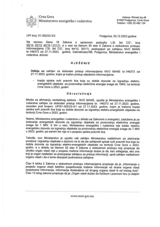 Rješenje UPI 01-302/23-3/3 o odbijanju zahtjeva za slobodan pristup informacijama po zahtjevu NVO MANS