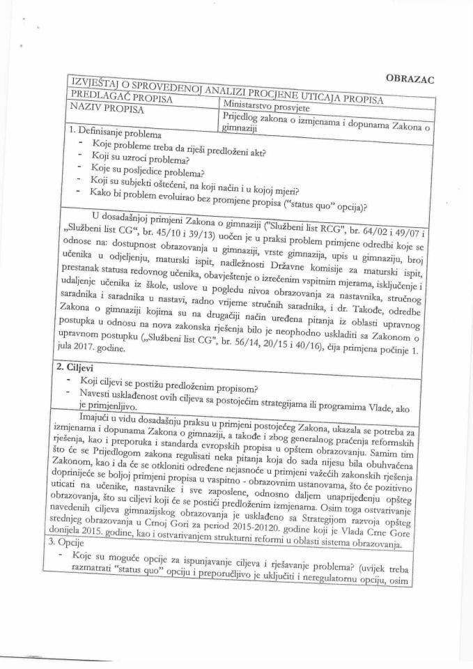 Mišljenje Predog zakona o gimnaziji