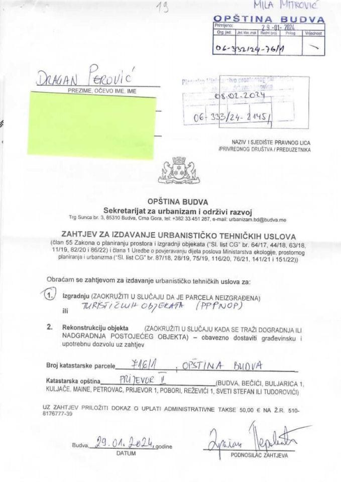 Zahtjevi za izdavanje urbanističko tehničkih uslova - 06_333_24_2145_1 Dragan Perović