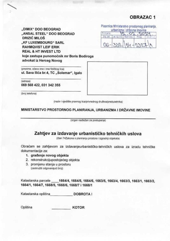 Захтјеви за издавање урбанистичко техничких услова - 06_332_24_2327_1 Димоx ДОО Београд Ансал стеел ДОО Београд КФ Луxембург Салр Рахмqвист Леиф Ерик и Реал &amp; ХТ Инвест ЛДТ
