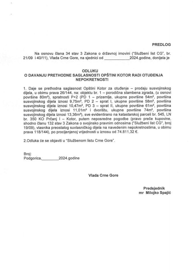 Predlog odluke o davanju prethodne saglasnosti opštini Kotor radi otuđenja nepokretnosti
