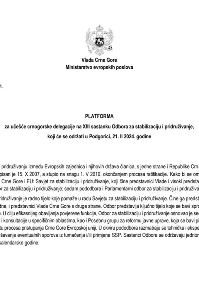 Predlog platforme za učešće crnogorske delegacije na XIII sastanku Odbora za stabilizaciju i pridruživanje, koji će se održati u Podgorici, 21. februara 2024. godine