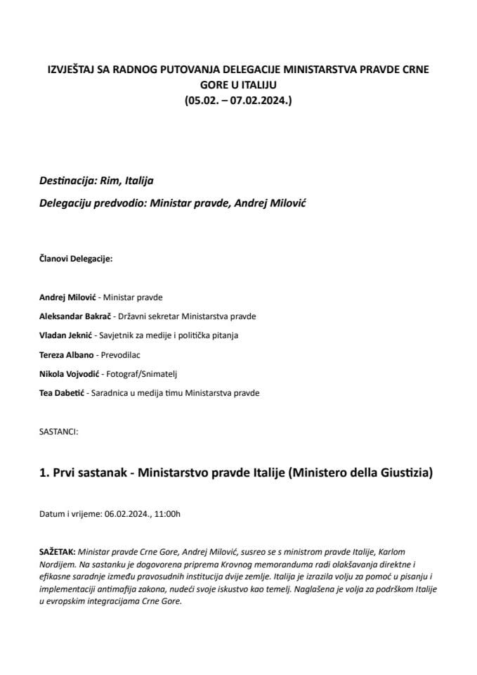 Izvještaj o posjeti ministra pravde Crne Gore Andreja Milovića Republici Italiji, 5 – 7. februara 2024. godine