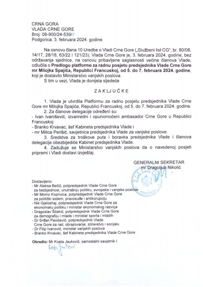 Platforma za radnu posjetu predsjednika Vlade Crne Gore mr Milojka Spajića Republici Francuskoj, 5-7. februara 2024. - zaključci