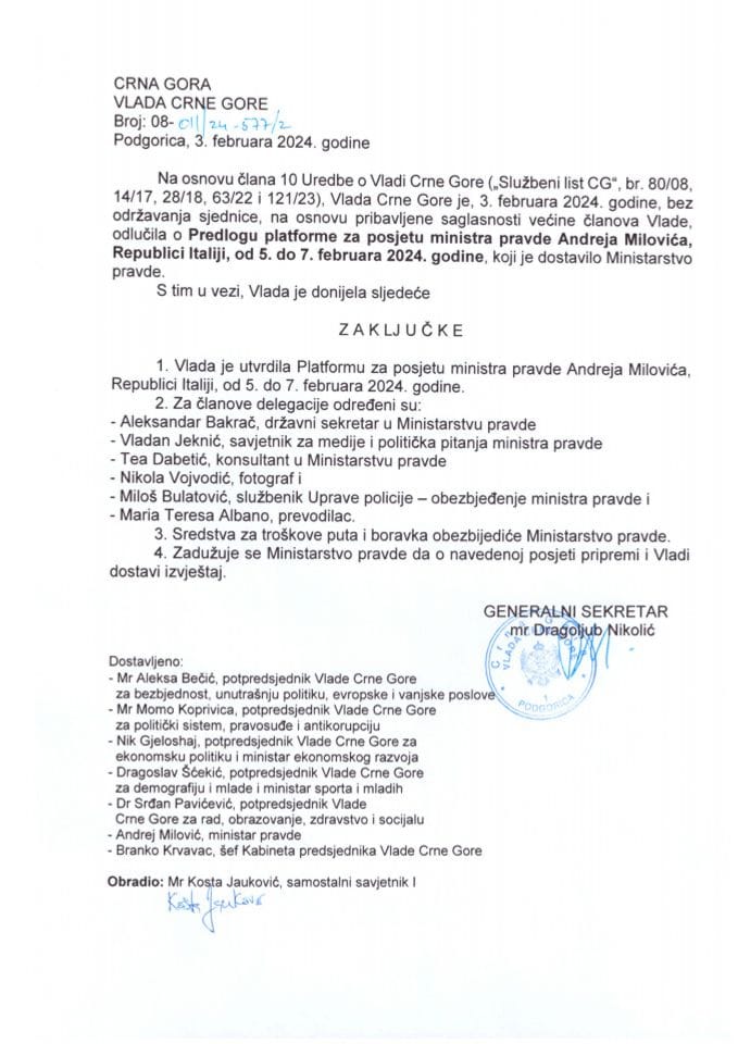Platforma za posjetu ministra pravde Crne Gore Andreja Milovića Republici Italiji, 5-7. februara 2024. godine - zaključci