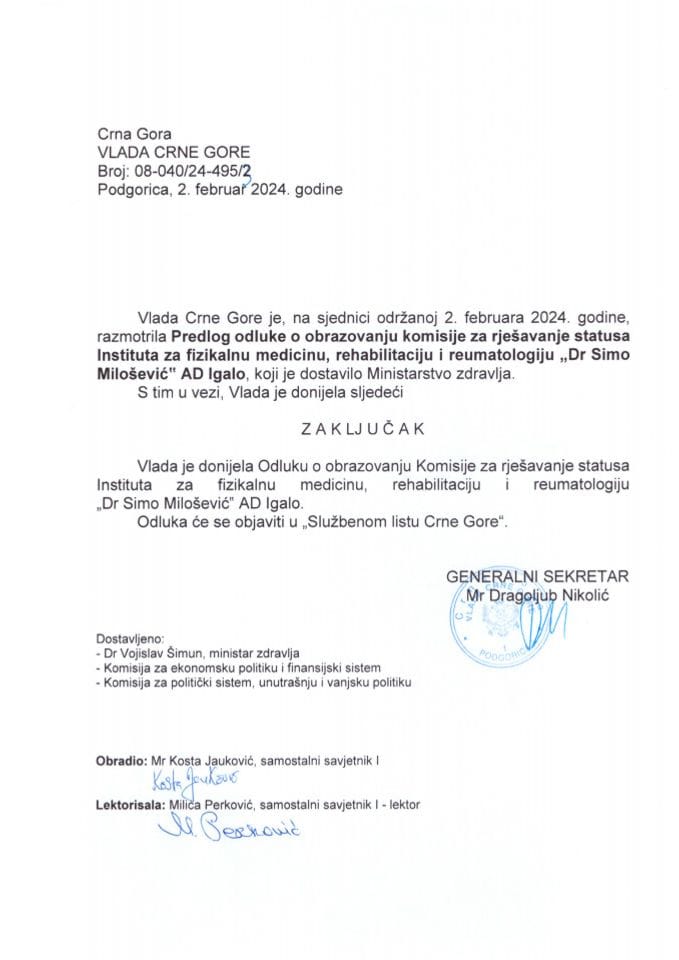 Predlog odluke o obrazovanju Komisije za rješavanje statusa Instituta za fizikalnu medicinu, rehabilitaciju i reumatologiju „Dr Simo Milošević“ A.D. Igalo - zaključci