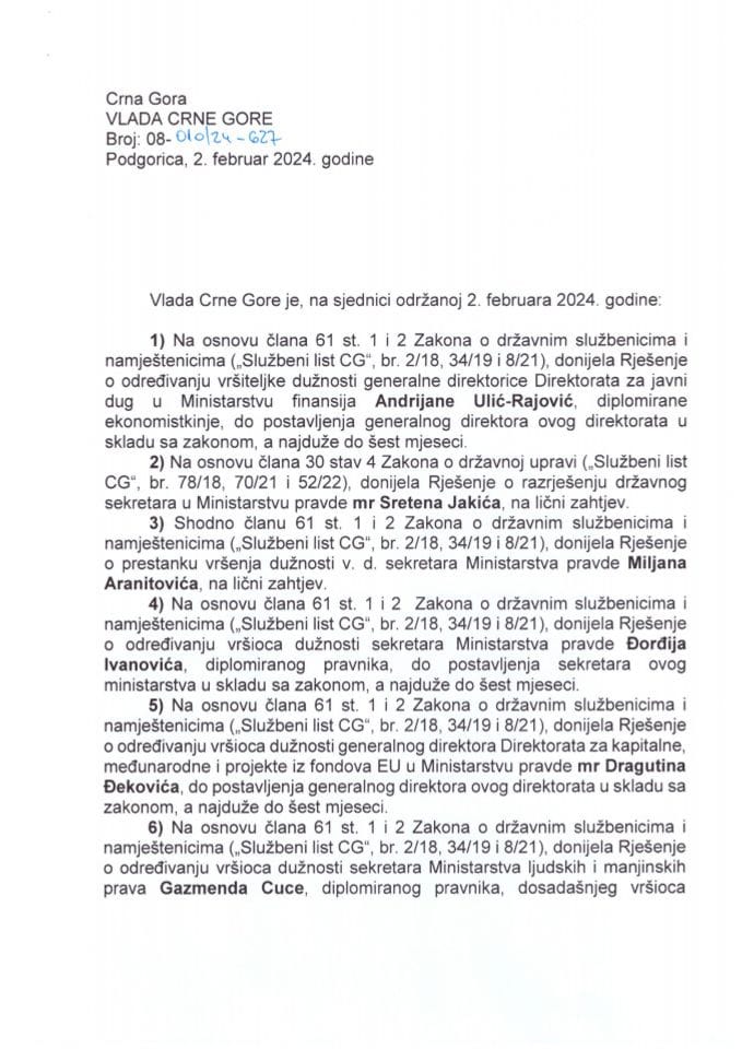 Kadrovska pitanja - 14. sjednica Vlade Crne Gore - zaključci