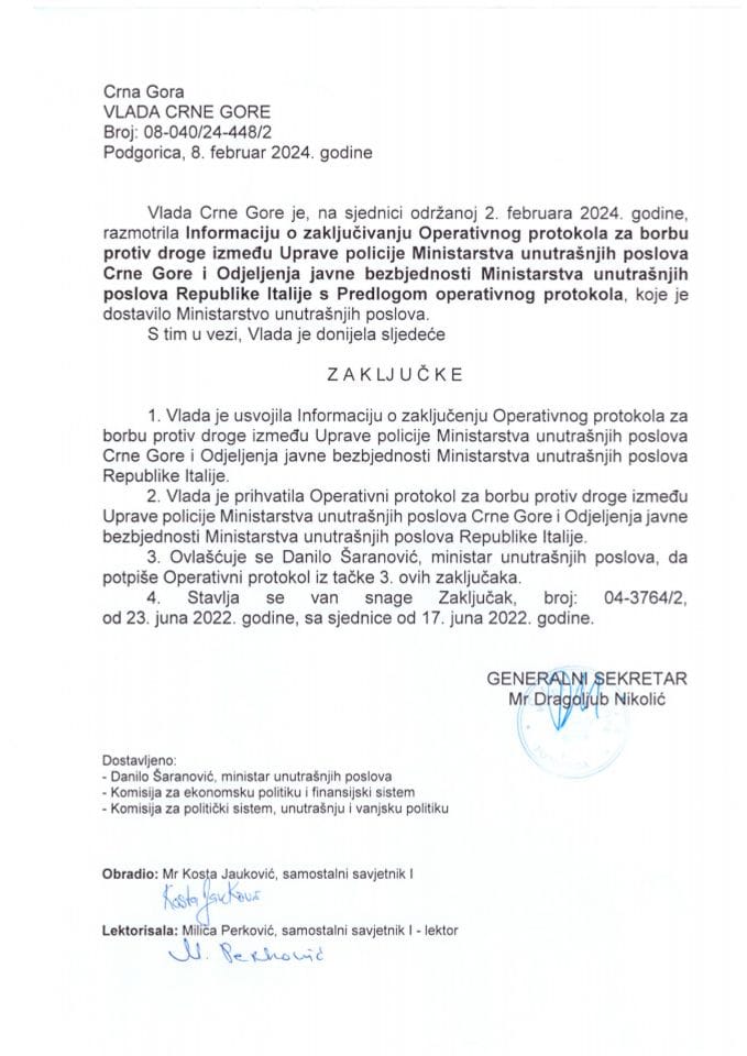 Информација о закључивању Оперативног протокола за борбу против дроге између Управе полиције Министарства унутрашњих послова Црне Горе и Одјељења јавне безбједности Министарства унутрашњих послова Републике Италије - закључци