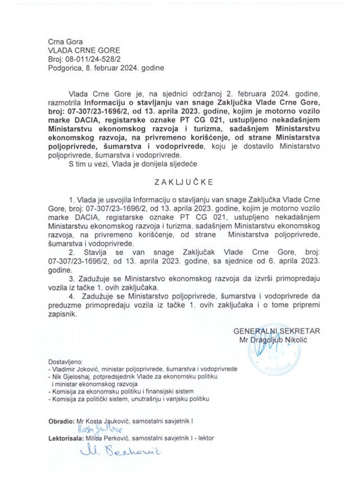 Информација о стављању ван снаге Закључка Владе Црне Горе, број: 07-307/23-1696/2, од 13. априла 2023. године - закључци