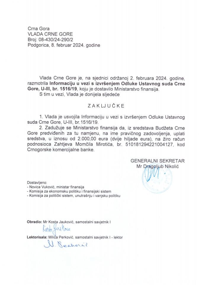 Informacija u vezi izvršenja odluke Ustavnog suda Crne Gore U-III br. 1516/19 - zaključci
