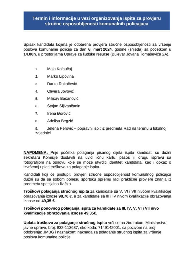 Spisak kandidata 6.03. 2024. god. - komunalni policajci