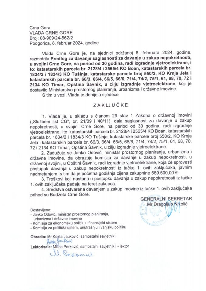 Предлог за давање сагласности за давање у закуп непокретности у својини Црне Горе, на период од 30 година, све општина Шавник у циљу изградње вјетроелектране - закључци