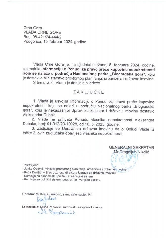 Информација о понуди за право прече куповине непокретности која се налази у подручју Националног парка „Биоградска гора“ (без расправе) - закључци